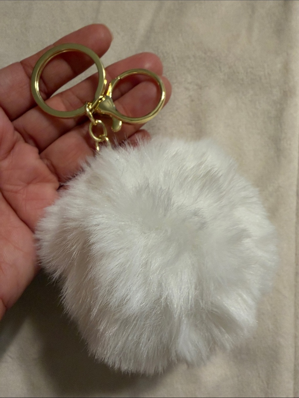 White Faux Fur Pom Pom Keychain with Gold Hardware